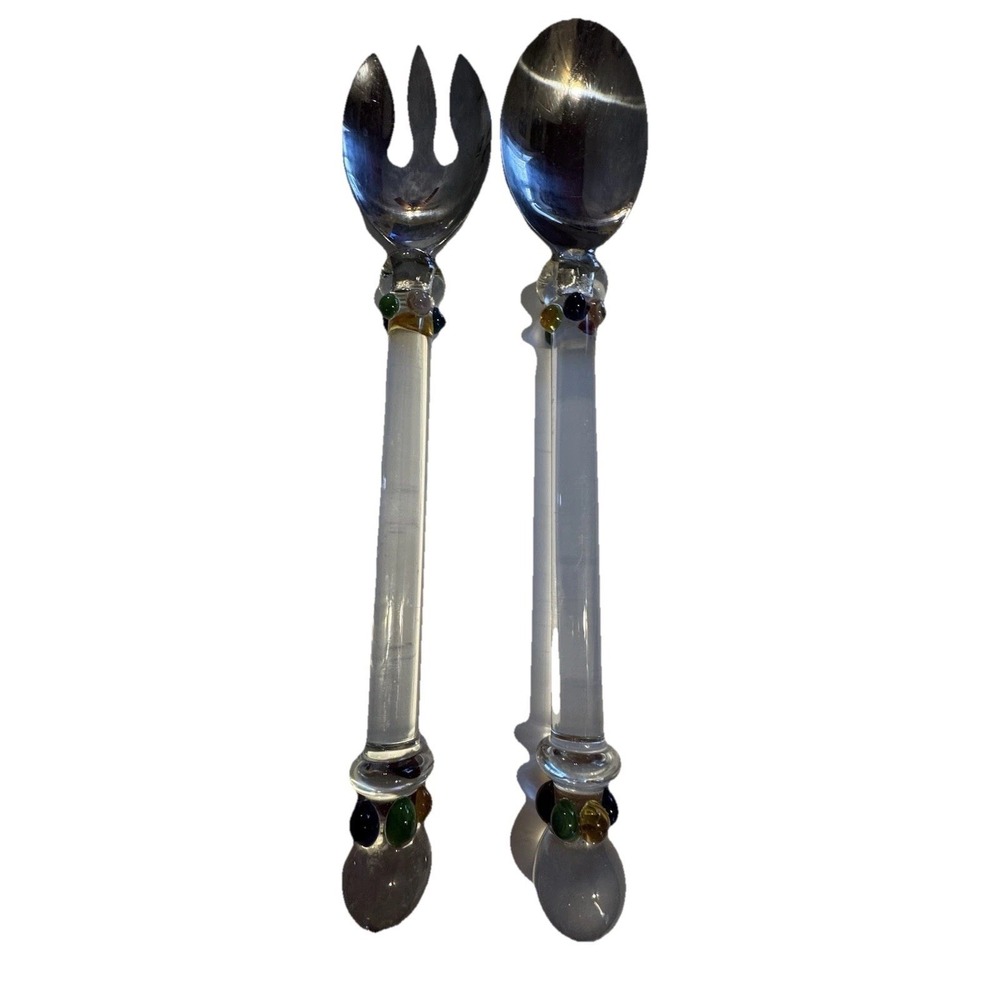 Silver Plated Salad Serving Set Fork and Spoon Molded Glass Handles